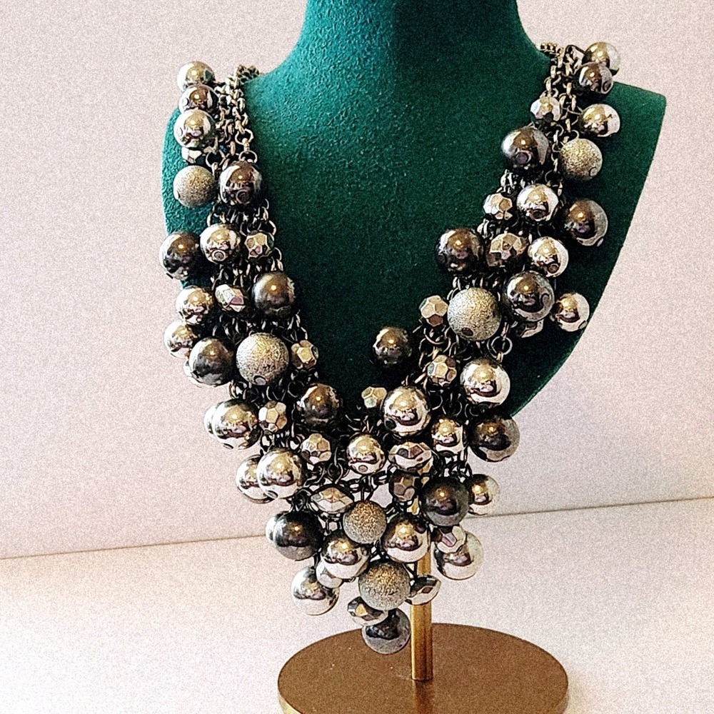 New York & Company Silver Gunmetal Multi Texture Bead Cluster Bib Necklace